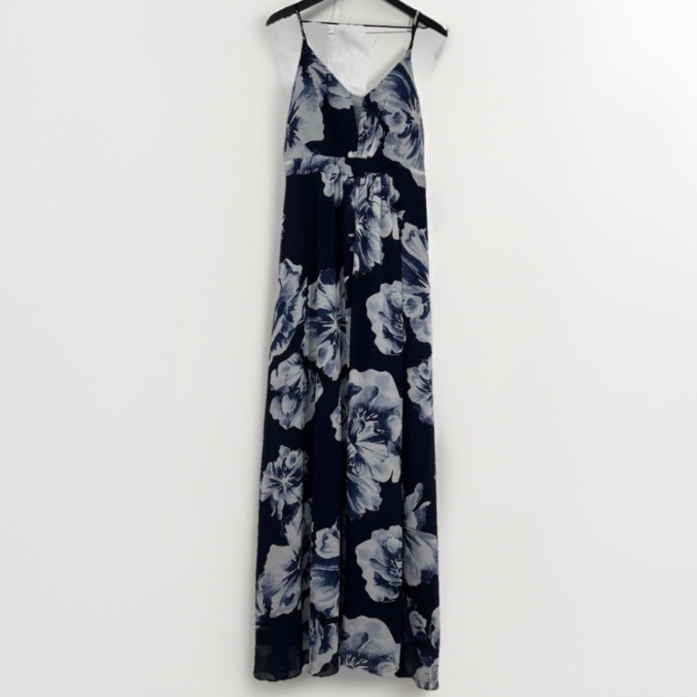 Windsor Maxi Dress Large Navy Blue White Floral Spaghetti Strap Slit Boho Formal